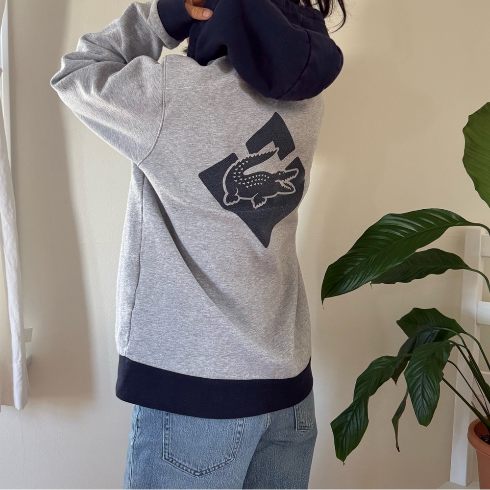 Lacoste Sport Cotton Blend Grey Zip Up Hoodie With Navy Hood And Hem Size Large